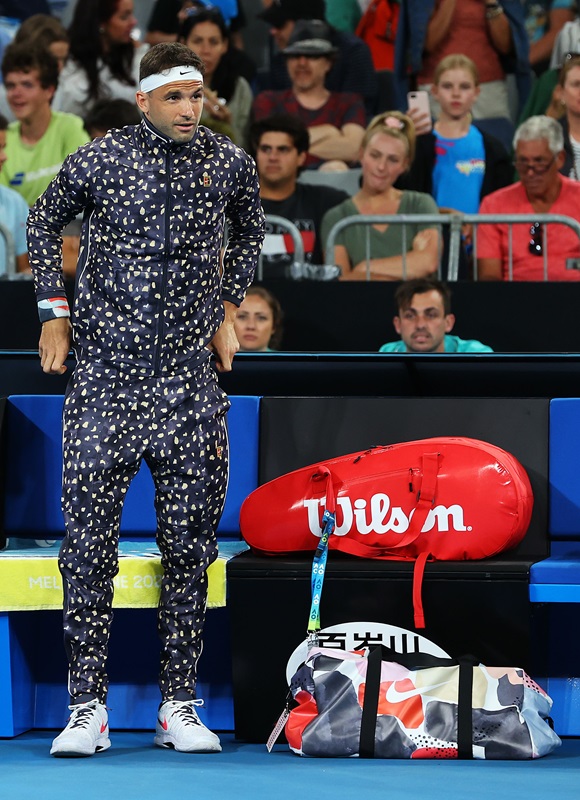Grigor Dimitrov con la sua nuova tuta, indossata per la prima volta alla Melbourne Arena